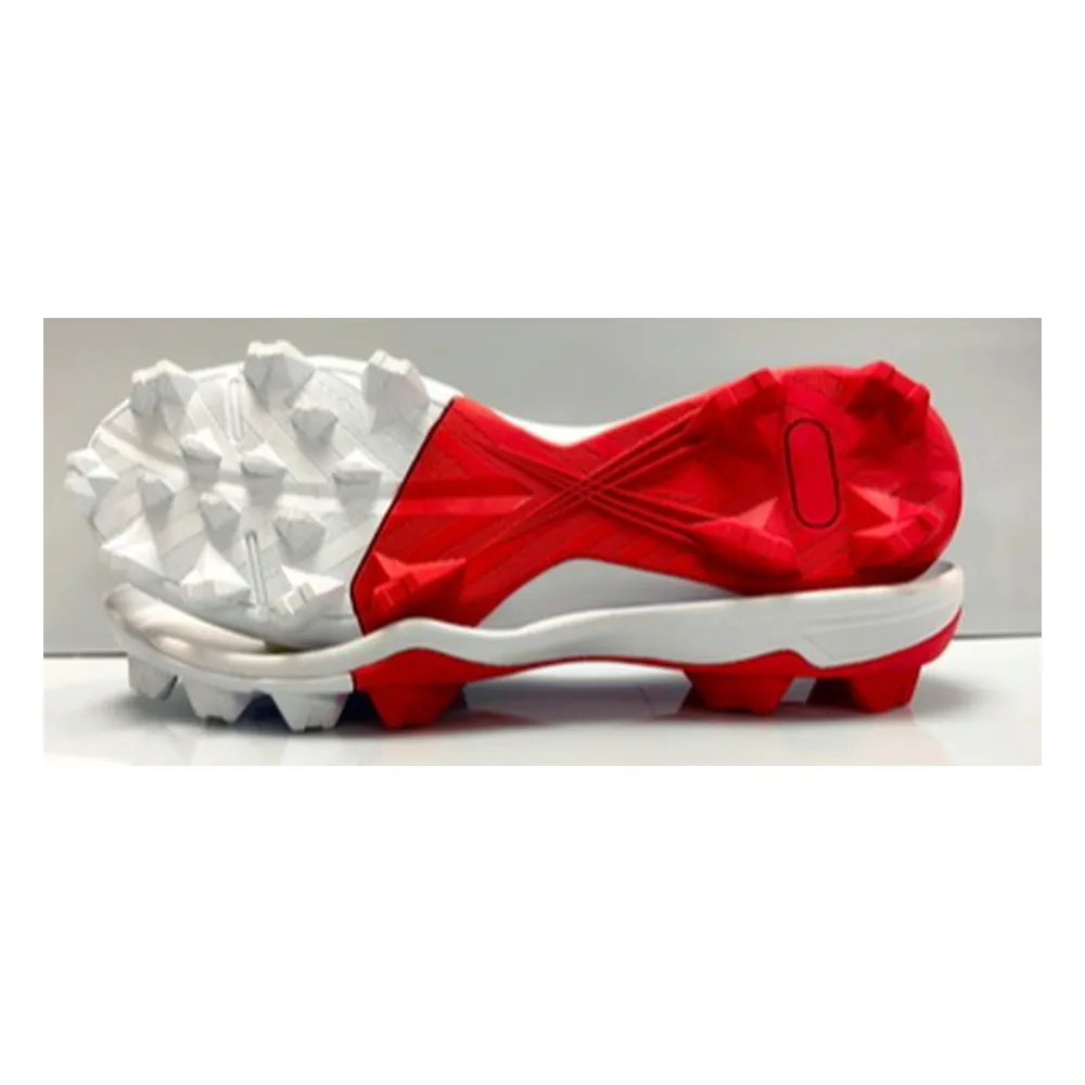 Red and white segmented molded baseball cleat outsole with multi-point studs and X-shaped midfoot
