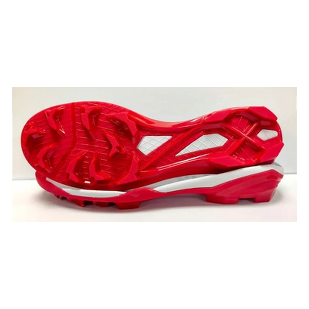 Red and white baseball cleat sole unit with open midfoot cutouts and zoned lugs