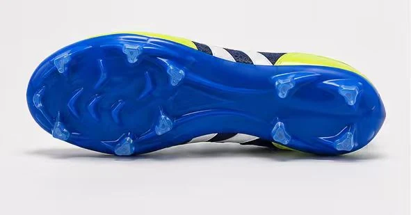 Bottom view of the customer-confirmed soccer shoe with the blue TPU fixed-stud outsole