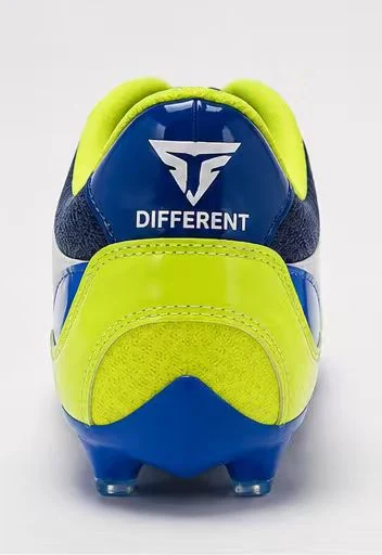 Rear view of the customer-confirmed soccer shoe showing heel branding and the blue outsole
