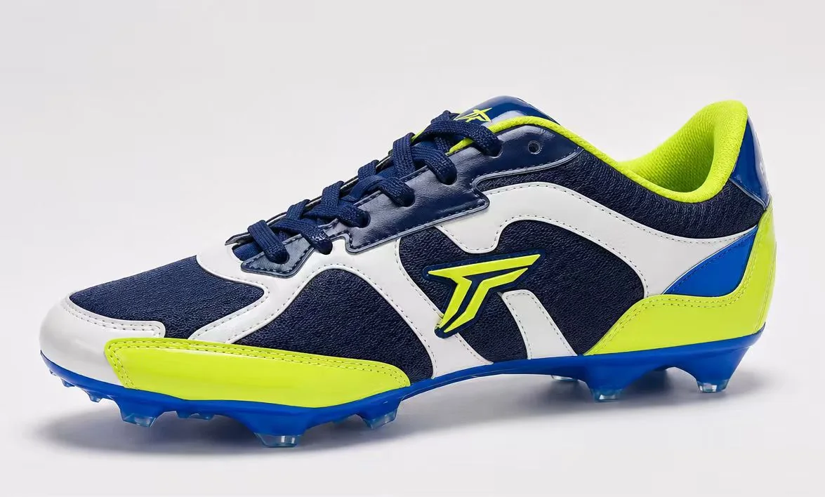 Full side view of the customer-confirmed natural-grass soccer shoe developed with an existing blue TPU outsole