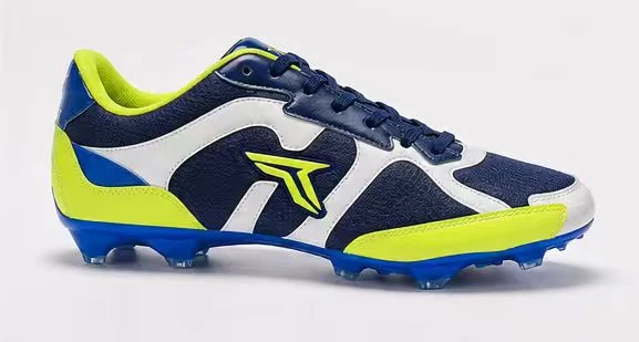 Customer-confirmed navy, white and neon yellow natural-grass soccer shoe shown from the side