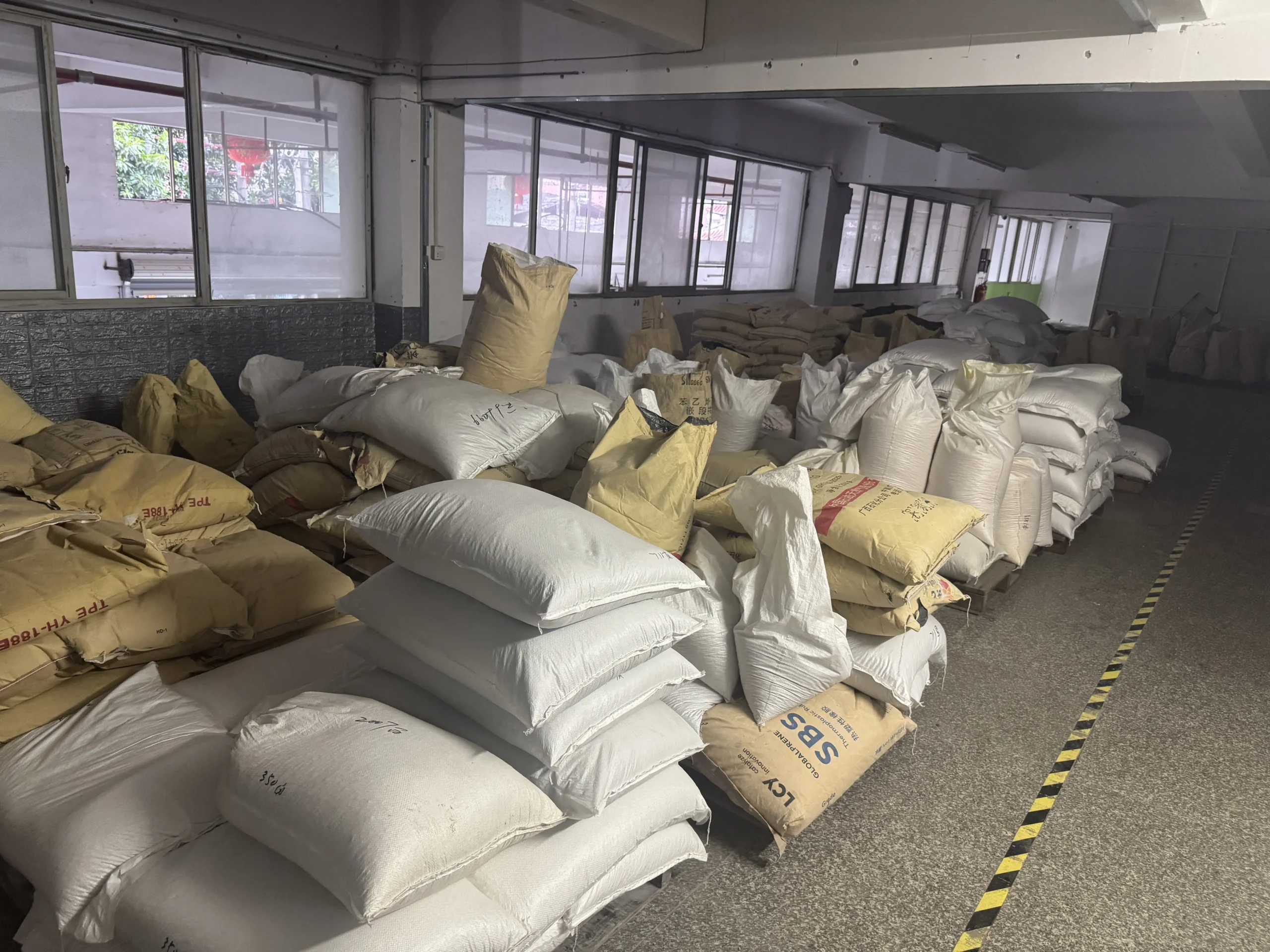 Raw material storage area inside the Tread Soles factory