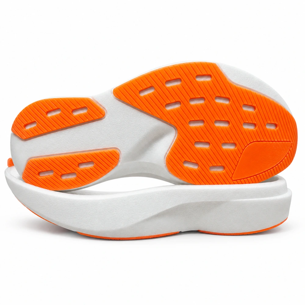 Model 025 white EVA/POE running shoe sole with segmented orange cast polyurethane wear zones, shown from outsole and side views