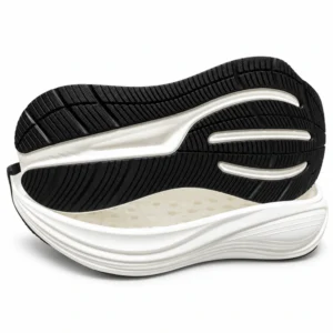Model 25036 white EVA/POE running shoe sole with a full-coverage black grooved cast polyurethane wear layer