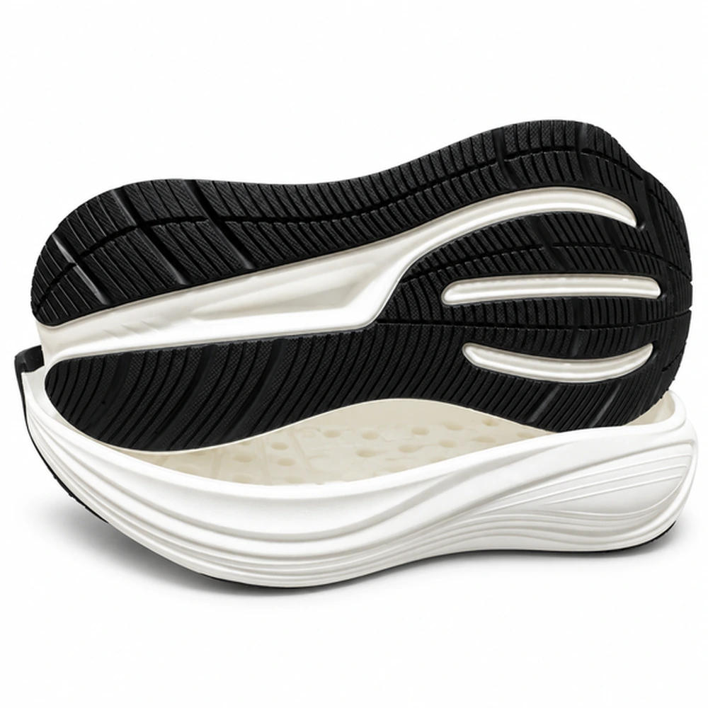 Model 25036 white EVA/POE running shoe sole with a full-coverage black grooved cast polyurethane wear layer